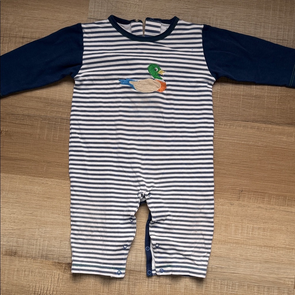 Navy and White Striped Kids Footie with Duck Design